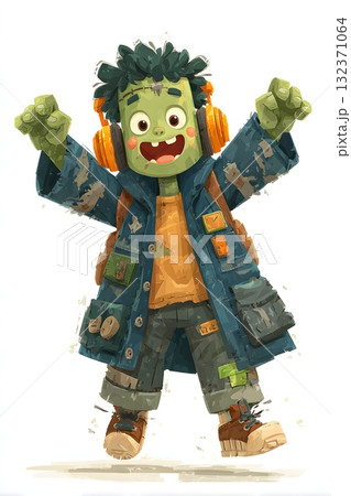 3D cartoon Frankenstein child dancing smiling cheerful isolated on white background 3D cartoon Frankenstein child dancing smiling cheerful isolated on white background 132371064