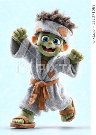 3D cartoon Frankenstein child dancing smiling cheerful isolated on white background 132371065