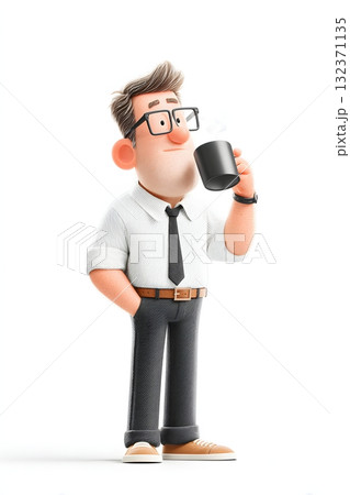 3D cartoon businessman drinking coffee from mug working isolated on white background 132371135