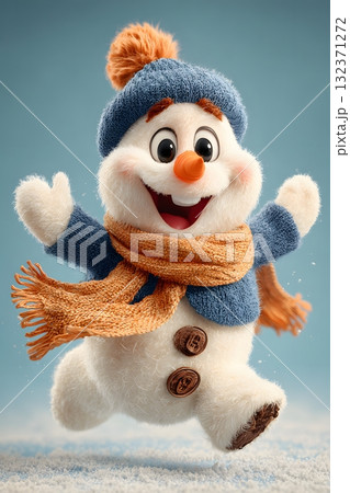 3D cartoon snowman dancing joyfully cheerful face isolated on white background 132371272