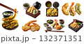 Set of tempura with platter bento, Traditional Japanese crispy batter deep-fried seafood vegetable, on chopsticks basket plate, gift box, many variety, transparent cutout PNG. Mockup template design 132371351