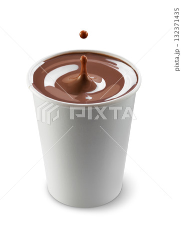 Hot chocolate with splash and drop in disposable paper cup isolated on white background Hot chocolate with splash and drop in disposable paper cup isolated on white background 132371435