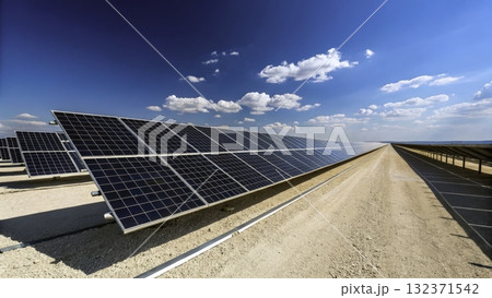 Solar panels in a vast field capturing sunlight under a clear blue sky during midday Solar panels in a vast field capturing sunlight under a clear blue sky during midday 132371542