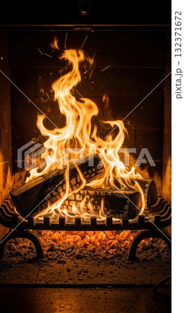 Crackling fireplace flames burning wood logs creating warm cozy atmosphere with dancing fire and glowing embers in home interior hearth Crackling fireplace flames burning wood logs creating warm cozy atmosphere with dancing fire and glowing embers in home interior hearth 132371672