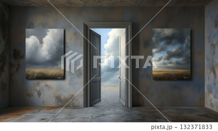 A room with paintings and an open door behind which you can see the sky 132371833