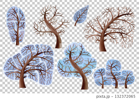 Simple, stylized set of snow-covered trees. Hand-drawn watercolor illustrations. Winter plants for greeting cards, children's illustrations, and kindergarten decor. Simple, stylized set of snow-covered trees. Hand-drawn watercolor illustrations. Winter plants for greeting cards, children's illustrations, and kindergarten decor. 132372065