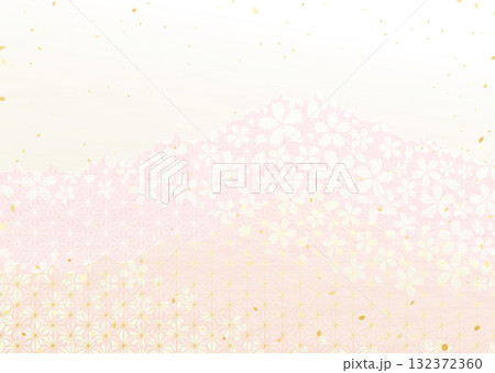 麻の葉模様と桜の花柄を組み合わせた和風背景イラスト 132372360