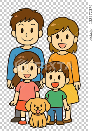 Illustration of a young family of four and their pet dog 132372376