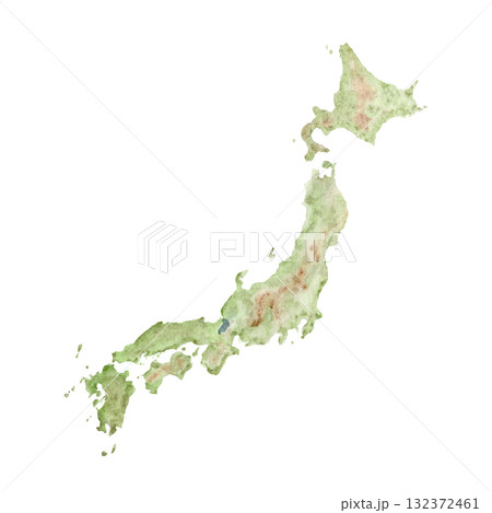 Map of Japan with gentle green and brown tones, hand-painted with natural textures. Artistic watercolor clip art isolated on white, perfect for travel design, education, decor, and geography projects 132372461