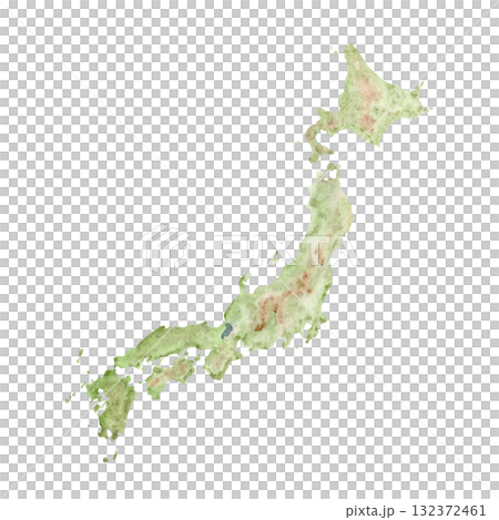 Map of Japan with gentle green and brown tones, hand-painted with natural textures. Artistic watercolor clip art isolated on white, perfect for travel design, education, decor, and geography projects 132372461
