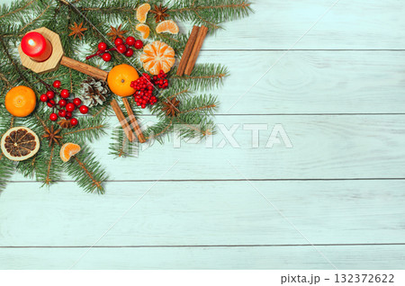 Composition of Christmas holidays on a white wooden background Composition of Christmas holidays on a white wooden background 132372622