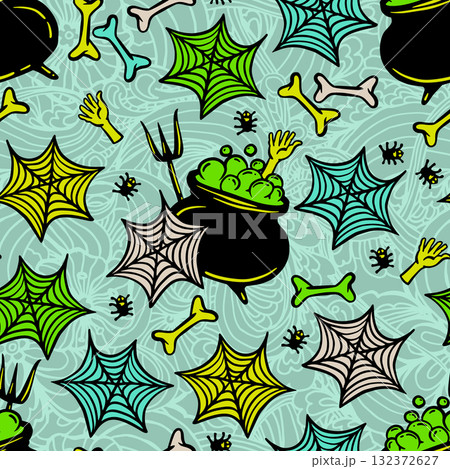 Halloween Cauldron Vector Seamless Pattern in Neon Green and Yellow Colors. Wallpaper Background with Hand Drawn Illustrations, Cute Festive Cartoon Graphic for Festive Designs 132372627