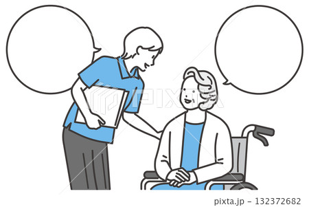 介護士と会話をするシニア女性のイラスト 介護士と会話をするシニア女性のイラスト 132372682