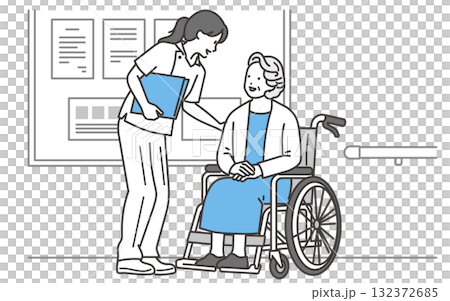 一位老年婦女與護士交談的插圖 132372685