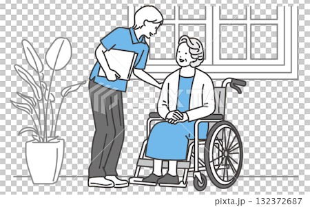 一位老年婦女與護理人員交談的插圖 132372687