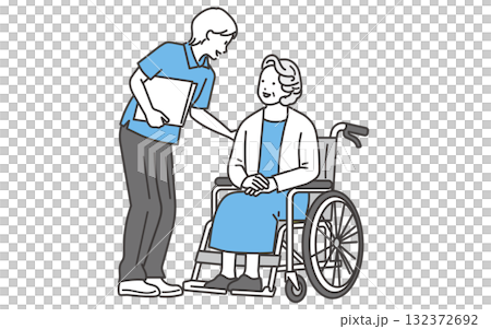 一位老年婦女與護理人員交談的插圖 132372692