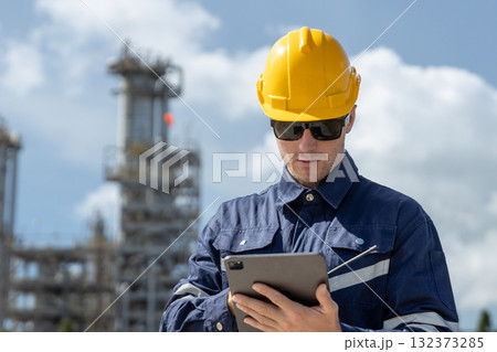 Engineer wearing safety helmet and using tablet at industrial site, representing factory operation, industrial technology, digital inspection, maintenance planning and engineering data management. 132373285