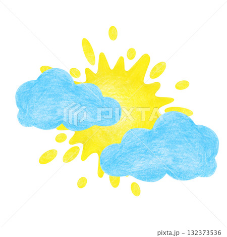 The yellow sun peeks out of the clouds. Drawing with colored pencils. Isolated on a white background. A child's drawing. Clipart. The logo. Pin. 132373536