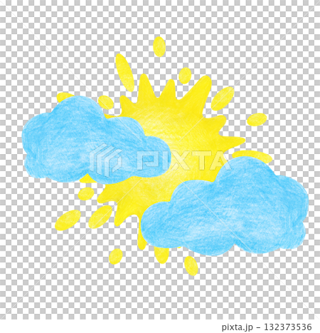 The yellow sun peeks out of the clouds. Drawing with colored pencils. Isolated on a white background. A child's drawing. Clipart. The logo. Pin. 132373536