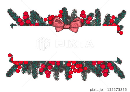 Hand drawn Christmas rectangular frame with fir branches, a pink bow, red berries. Vector illustration. 132373856