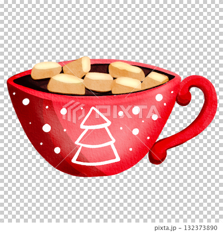 Hot cocoa in a red mug. Warm chocolate in a festive cup with marshmallows. Winter atmosphere, a warming holiday drink. 132373890