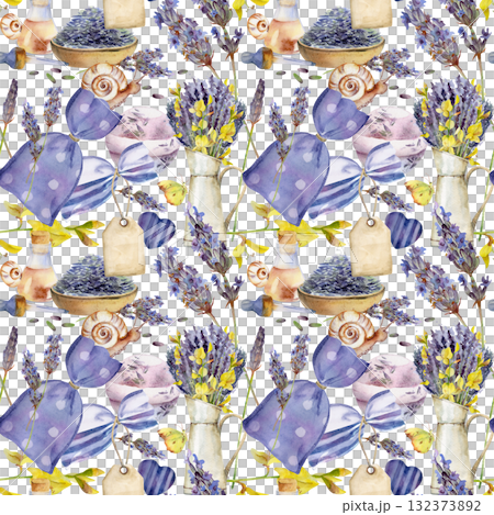Lavender potpourri sachet bags with bow and tag, lavandula essential oil vial, bath bomb, flowers and bouquet, garden snails butterflies. Hand drawn in watercolor. Provence isolated seamless pattern 132373892