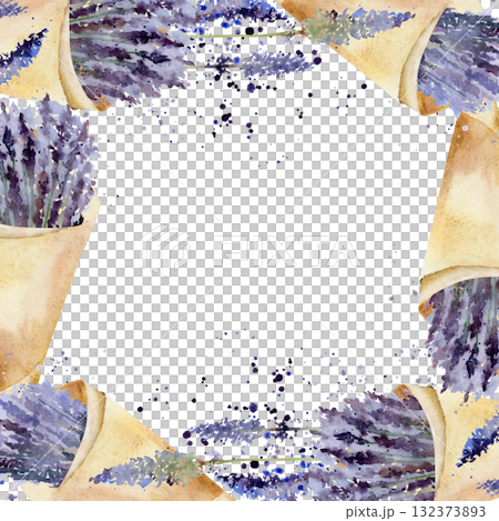 Brown paper cone filled with fresh lavender lavandula sprigs, loose paint splatter. Isolated square border frame illustration hand drawn in watercolor. Botanical eco wrap design, Provence market label 132373893