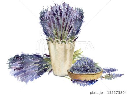 Lavender stems bouquet in cachepot with lace trim, lavandula bunch and seeds heap in clay wooden bowl. Isolated illustration hand drawn in watercolor. Label for cosmetics, home fragrance, aromatherapy Lavender stems bouquet in cachepot with lace trim, lavandula bunch and seeds heap in clay wooden bowl. Isolated illustration hand drawn in watercolor. Label for cosmetics, home fragrance, aromatherapy 132373894