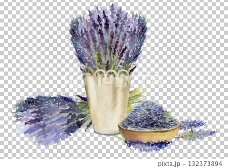 Lavender stems bouquet in cachepot with lace trim, lavandula bunch and seeds heap in clay wooden bowl. Isolated illustration hand drawn in watercolor. Label for cosmetics, home fragrance, aromatherapy Lavender stems bouquet in cachepot with lace trim, lavandula bunch and seeds heap in clay wooden bowl. Isolated illustration hand drawn in watercolor. Label for cosmetics, home fragrance, aromatherapy 132373894