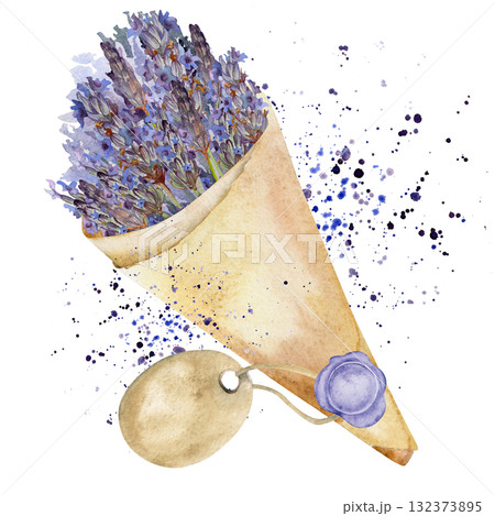 Rustic cone-shaped kraft paper wrap with lavender stems, wax seal and tag, paint splash. Isolated illustration hand drawn in watercolor. Natural bouquet gift, wedding invitation, eco product design. Rustic cone-shaped kraft paper wrap with lavender stems, wax seal and tag, paint splash. Isolated illustration hand drawn in watercolor. Natural bouquet gift, wedding invitation, eco product design. 132373895