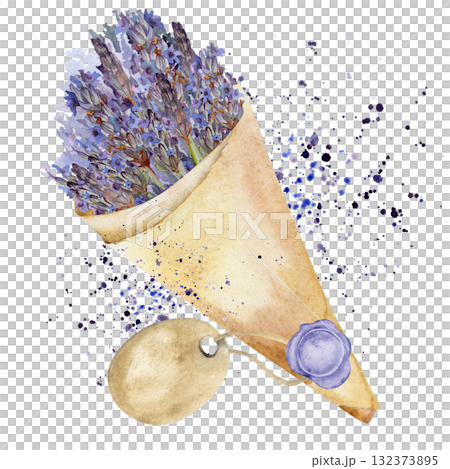 Rustic cone-shaped kraft paper wrap with lavender stems, wax seal and tag, paint splash. Isolated illustration hand drawn in watercolor. Natural bouquet gift, wedding invitation, eco product design. Rustic cone-shaped kraft paper wrap with lavender stems, wax seal and tag, paint splash. Isolated illustration hand drawn in watercolor. Natural bouquet gift, wedding invitation, eco product design. 132373895