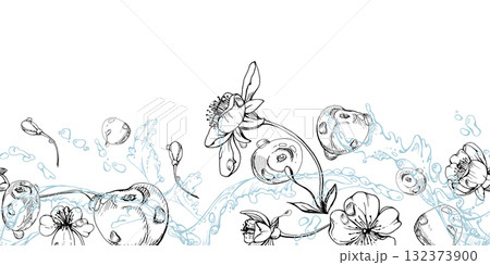 Sweet sour cherry cerise flying in water splashes with drops, ripe line garden berry and leaves, hand drawn vector ink. Seamless banner illustration for restaurant cafe menu, farmers market, wedding Sweet sour cherry cerise flying in water splashes with drops, ripe line garden berry and leaves, hand drawn vector ink. Seamless banner illustration for restaurant cafe menu, farmers market, wedding 132373900