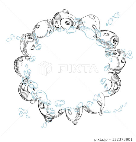Sweet sour cherry cerise flying in water splashes drops, hand drawn vector ink, ripe line garden berry and leaves. Circle wreath frame illustration. Restaurant cafe menu, farmers market, wedding Sweet sour cherry cerise flying in water splashes drops, hand drawn vector ink, ripe line garden berry and leaves. Circle wreath frame illustration. Restaurant cafe menu, farmers market, wedding 132373901