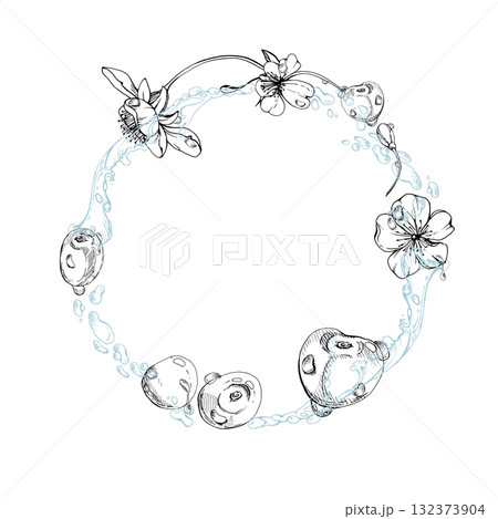 Sweet cherry cerise flying in water splashes drops, hand drawn vector ink, line garden berry, white flowers leaves. Circle wreath frame illustration. Restaurant cafe menu, farmers market, wedding 132373904