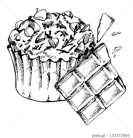 Cupcake in fluted paper wrapper, muffin with chocolate chunks and sprinkled toppings. Vector ink hand drawn isolated dessert illustration. Artisanal bakery packaging, scrapbooking designs, stationery. 132373905