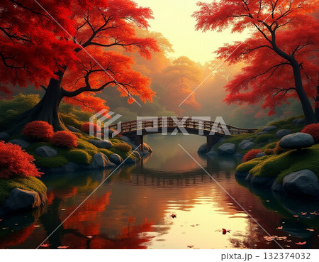 夕暮れの日本庭園と紅葉 夕暮れの日本庭園と紅葉 132374032