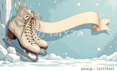 Winter ice skates hanging on wooden post with blank ribbon banner. 132374163