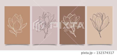Set of hand drawn botanical art posters with magnolia. Set of card with magnolia flowers on pastel backgrounds. Illustration. 132374317