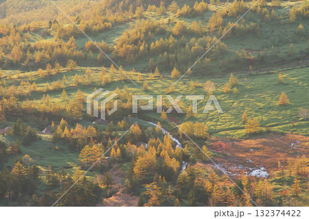 朝日に照らされる芳ヶ平湿原・日本国道標高最高地点から 朝日に照らされる芳ヶ平湿原・日本国道標高最高地点から 132374422