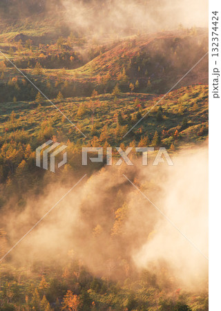 朝日に照らされる芳ヶ平湿原・日本国道標高最高地点から　　　　　　　　　　　　　　　　　　　　　　　　 132374424