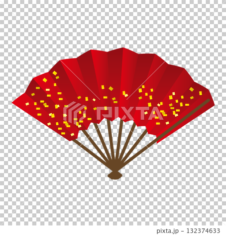 Vector illustration of a luxurious Japanese-style dark red fan with gold leaf pattern 132374633