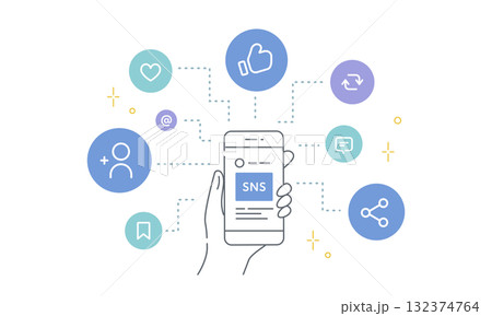 インフルエンサーを活用したSNSマーケティングのベクターイラスト（スマホ・いいね・フォロー) ブルー 132374764