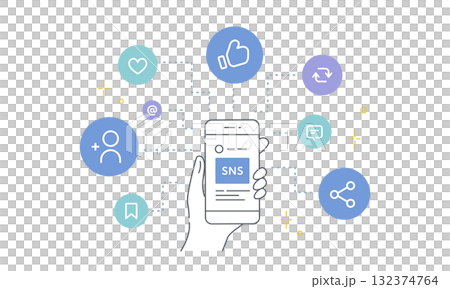 Vector illustration of social media marketing using influencers (smartphone, likes, follows) Blue 132374764