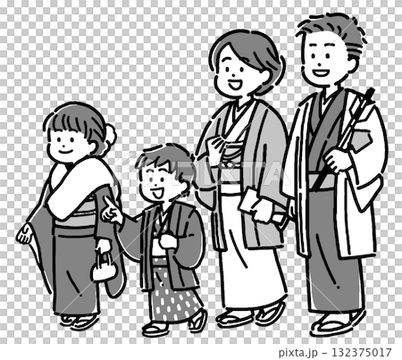 着物を着て初詣に行く4人家族 132375017