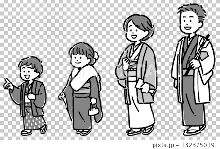 着物を着て初詣に行く4人家族のセット 132375019