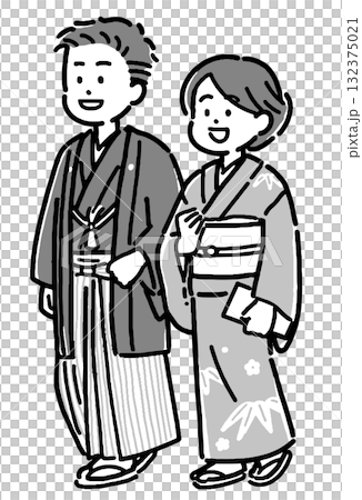 一對穿著有冠飾的袴和和服的年輕夫婦 132375021