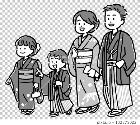 紋付袴、訪問着、振袖の着物を着た4人家族 132375022