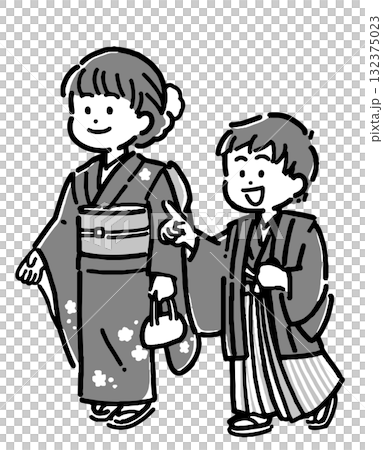 紋付袴、振袖の着物を着た男の子と女の子 紋付袴、振袖の着物を着た男の子と女の子 132375023