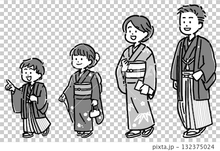 紋付袴、訪問着、振袖の着物を着た4人家族のセット 132375024