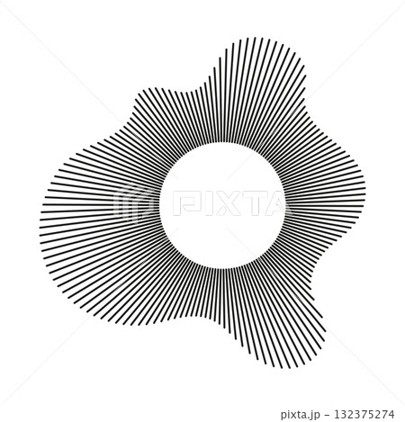 Sound circle lines. Equalizer logo, radial spectrum. Voice symbol. Circular wave. Black radial frame. Sound ring. Wavy frame pattern. Radial rays. Depicting audio music icon. Design element. 132375274